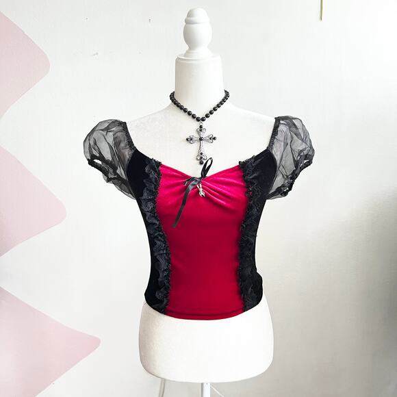 Red Velvet Puff Sleeve Top Victorian Gothic Romantic Vampire Whimsigoth Small - Picture 1 of 6
